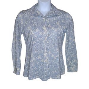 VINTAGE 70s blue paisley pointed disco‎ collar button up shirt M